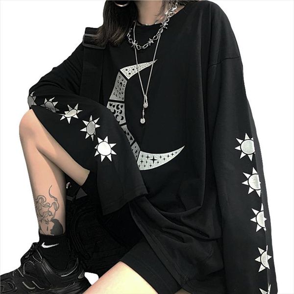 

2019 новая мода женщины футболка harajuku ретро солнцемельская луна печатная распечатая шея свободные топ tees streetwear темные готические, White