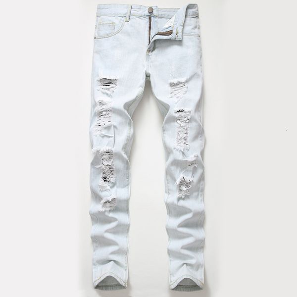 

2020 new wear pierced men's wash light white straight large jeans men, Blue