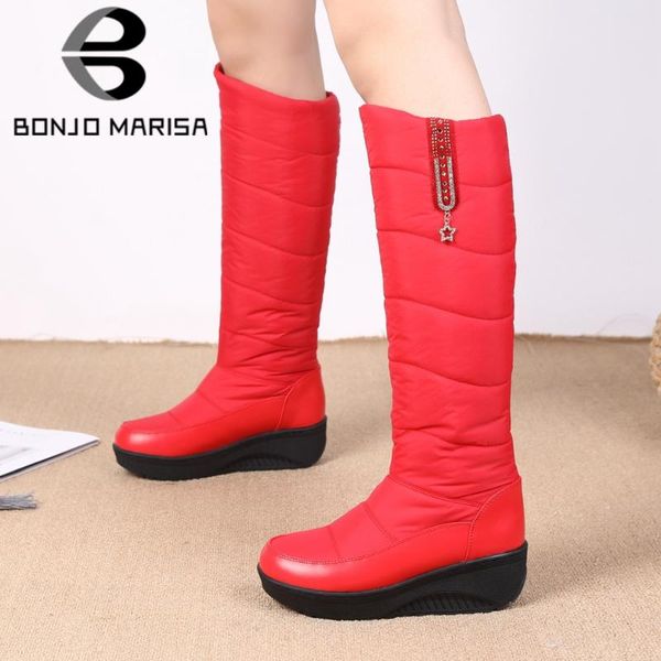 

boots bonjomarisa lady round toe mid calf metal design warm slip on casual snowboots women fashion shoes woman, Black