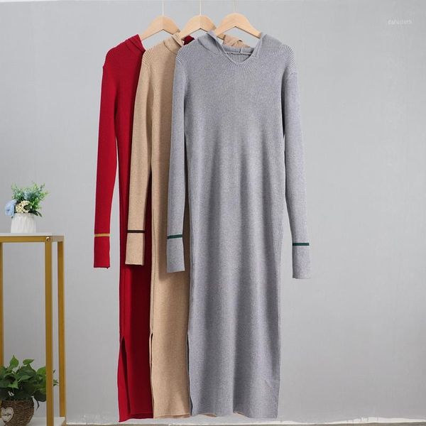 

gigogou fall winter sweater dress mid-calf long women dress elegant hoodies knitted bodycon slim midi party vestidos1, Black;gray