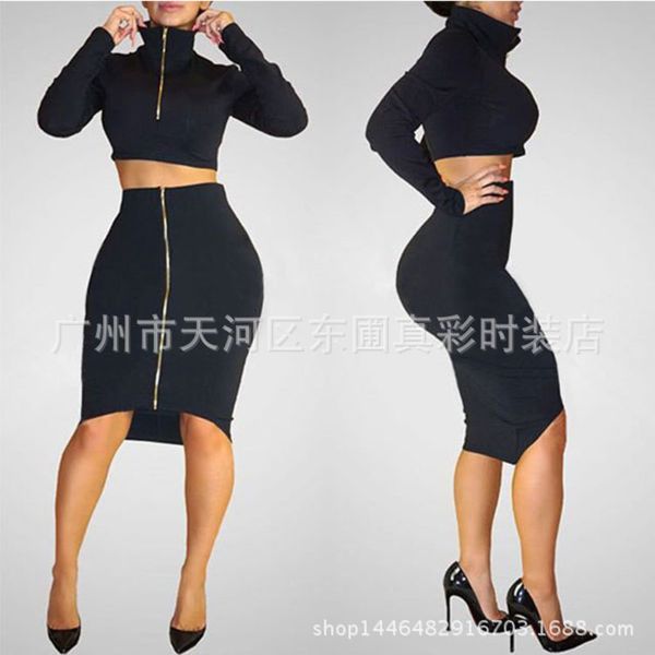 

navel exposed two piece long sleeve zipper slim dress, Black;gray