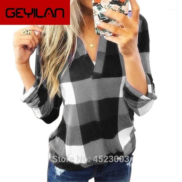 

women's t-shirt women v-neck t shirt check lattice plaid lady long sleeve tee plus size s-5xl1, White