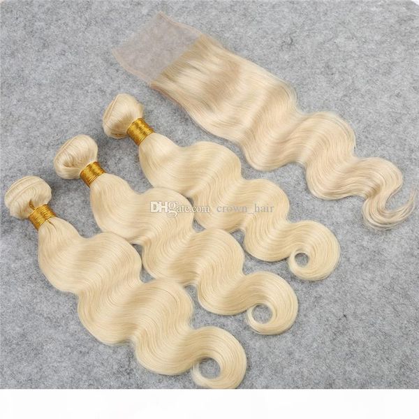 

light blonde 613 lace closure with bundles 4pcs lot body wave hair bundles with closure middle three part #613 hair weaves, Black