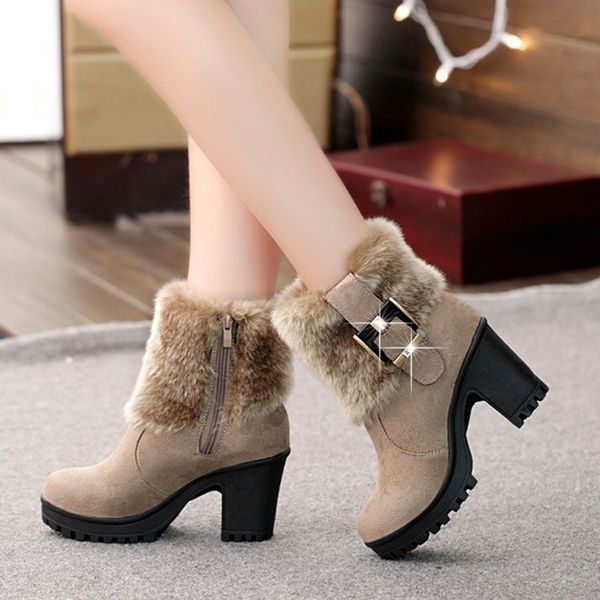 

square heel women winter shoes classic buckle warm fur snow ladies boots high heels black platform ankle boots women botas vt310 t200106