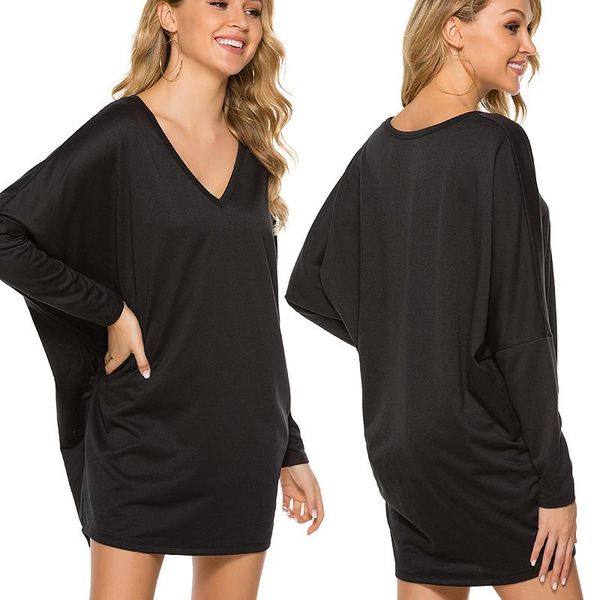 

casual dresses fashion women black red dress autumn long sleeve v-neck loose female street plus size vestidos, Black;gray