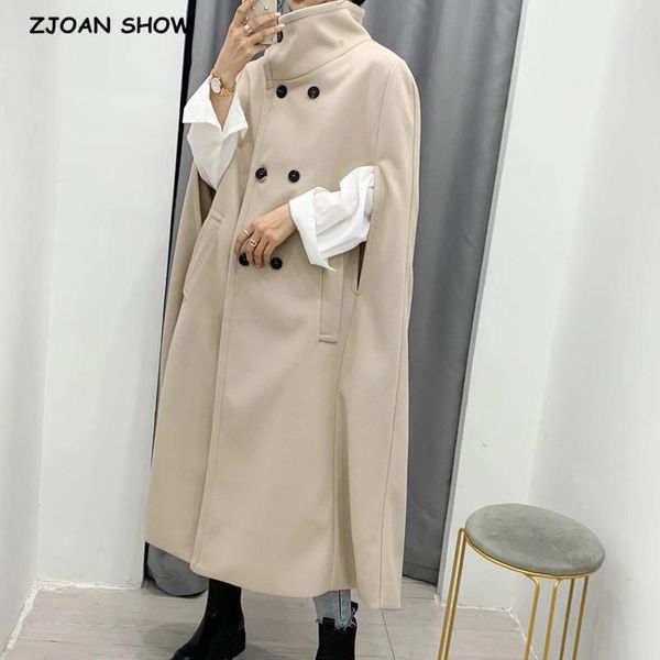 

2020 winter beige woolen blends mid long bat cape shawl woman loose double-breasted buttons long coat trench sided outerwear, Black