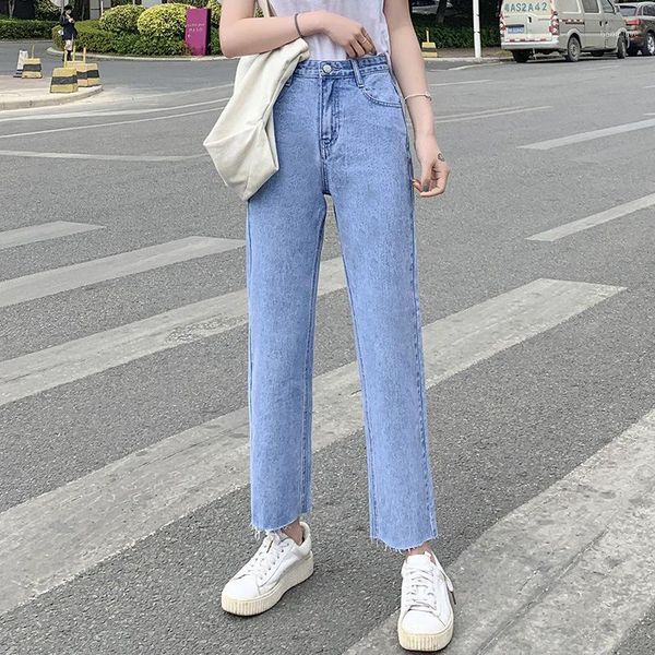 

plus size high waist jeans women streetwear straight jean femme blue 100% cotton casual zipper pants ankle-length trousers1