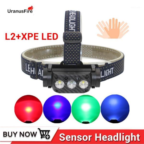 

headlamps powerful sensor led headlight 3*xm l2 xpe 2500lm head lamp torch 18650 red,green,uv,blue frontal light1
