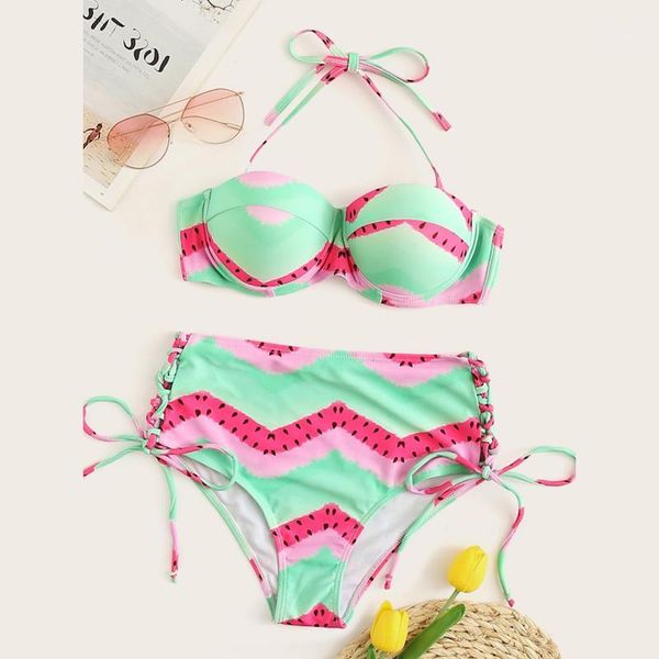 

bikinis set watermelon print bustier with lace-up bikini high waist swimsuit women push up swimwear halter bathing suit beach wear1