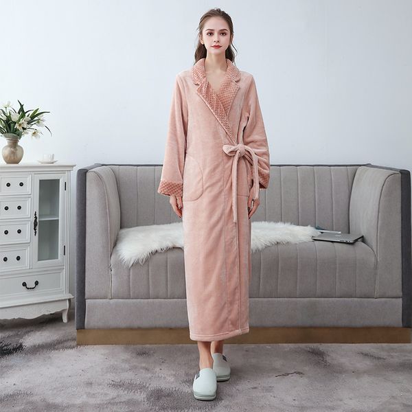 

2021 new plus size autumn winter long nightgowns for women solid thick flannel bath robe female v neck with sashes casual nightwear eqpc, Black;red