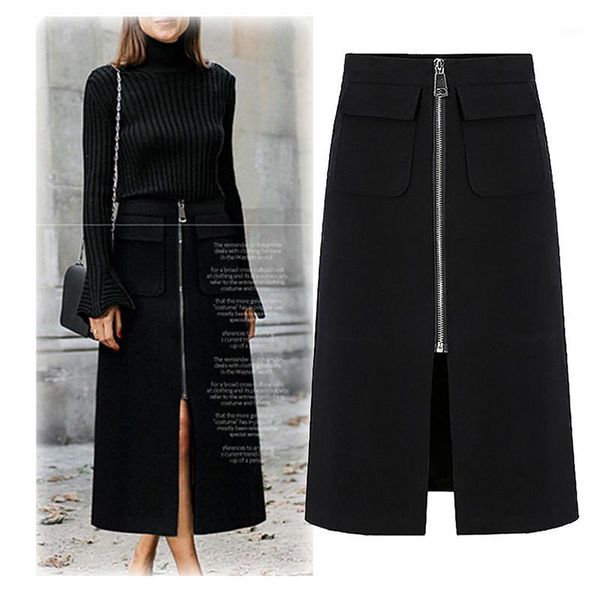 

2019 skirts women cotton zipper pocket a-line ankle skirt autumn winter elegant split front office ladies streetwear women falda1, Black