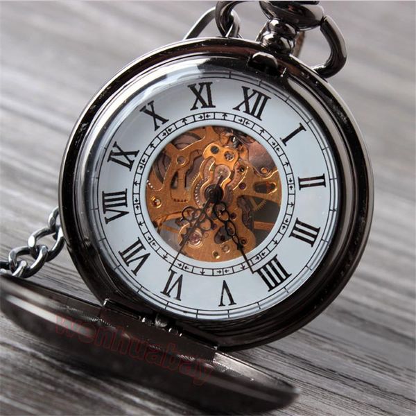 

старинные черные механические карманные часы мужские классические элегантные полые скелет рука ветер ретро мужской часы кулон цепные часы q, Slivery;golden