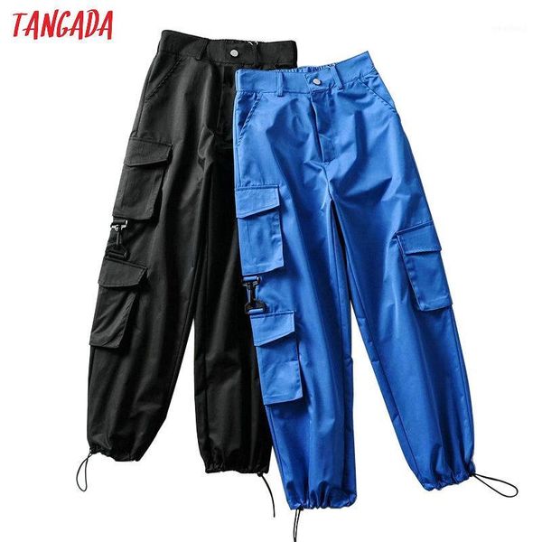 

women's pants & capris tangada women casual solid cargo pockets elastic waist full trousers stylish blue pantalones 2t041, Black;white