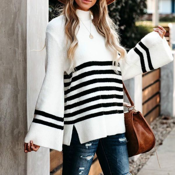 

autumn and winter flared sleeve loose knit sweater fashion striped turtleneck sweater ladies elegant pullover casual, White;black
