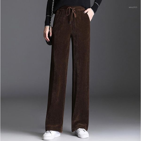 

autumn elastic waist straight women's corduroy pants high waist lace up wide leg trousers mujer korean thinck loose casual pants1, Black;white