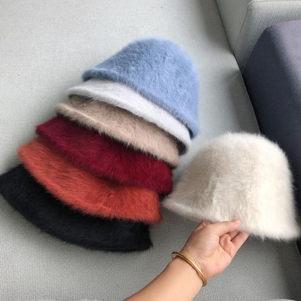 

wide brim hats hat winter women's fashion solid color fur bucket cap fisherman's retro knitted wool basin, Blue;gray