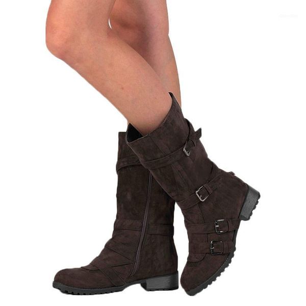 

boots women winter suede mid calf for basic low heels round toe buckle strap zipper solid casual botas d251, Black