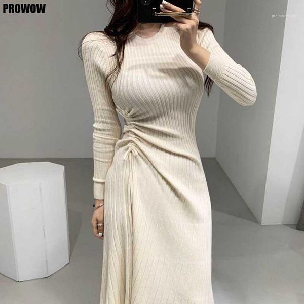 

one-piece korean ladies dress french slim lady drawstring knitted sweater dress 2020 autumn winter women midi dresses1, Black;gray
