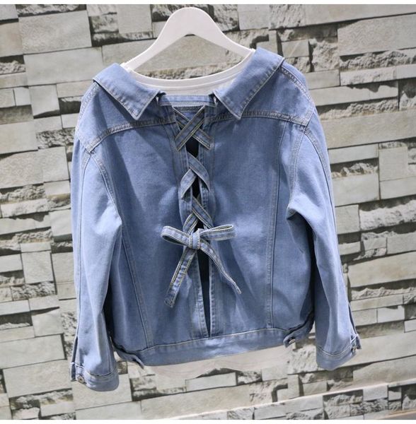 

2020 autumn new single-breasted thin long-sleeved back strap bow denim jacket cardigan short coat, Black;brown