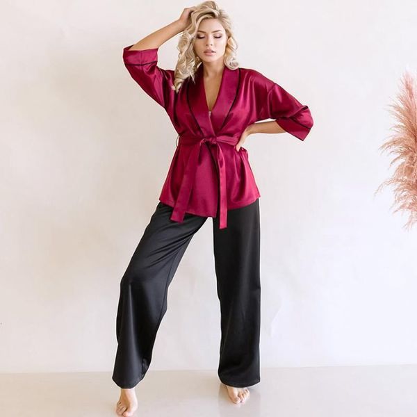 Roupa de roupas de sono feminina Hiloc Satin Robe Sets Com Sashes Black Pants Pijama solto conjunto feminino Bathrobe para Home Silk 20211