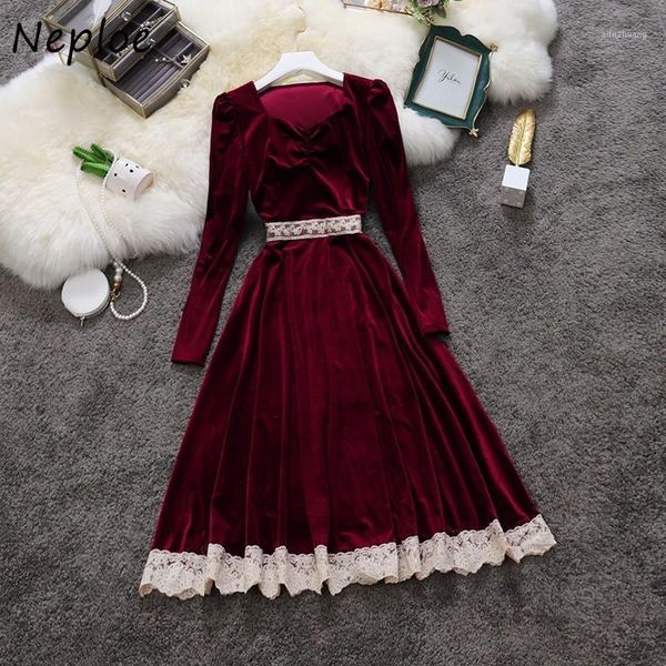 

neploe french style mid-length velvet women dresses 2020 autumn new pleated v-neck vestidos chic lace patchwork slim waist dress1, Black;gray