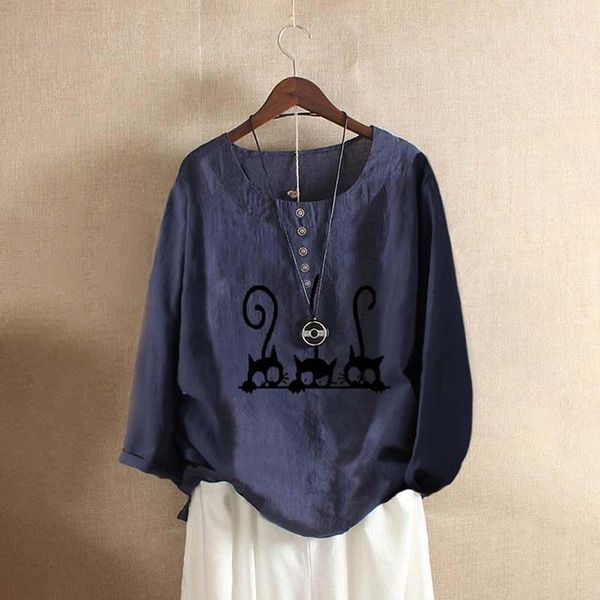 

zanzea women cotton linen spring long sleeve o neck cat printed blouse vintage loose tunic loose blusas femme robe1, White