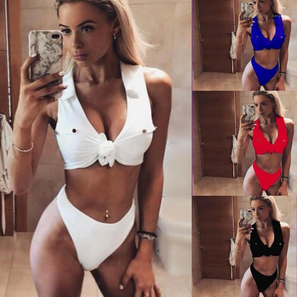 

2019 high waist swimwear bikinis set female sports swimsuit tie bowknot monokini mayo rivet bandeau biquinis stroj kapielowy1, White;black