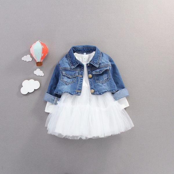 

fall infant baby girls clothes outfits casual sets denim jacket + tutu dress suit newborn baby girls clothing birthday sets 40 y200803, White