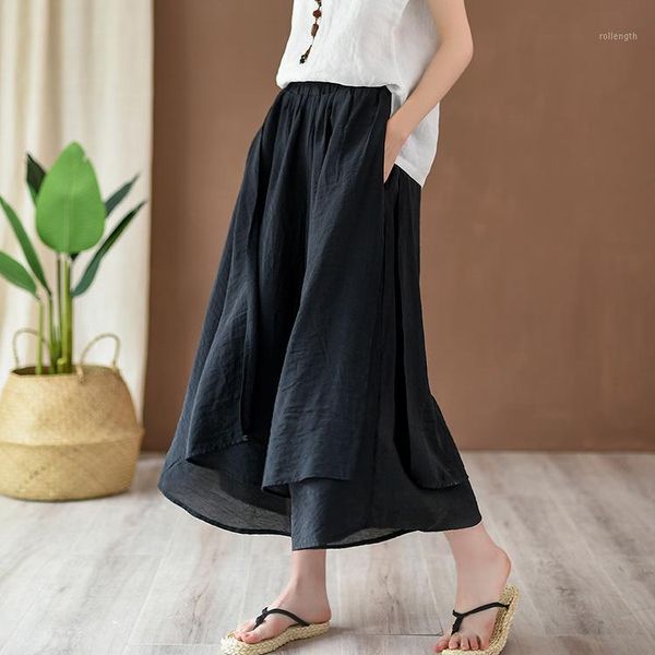 

calf-length pants solid color loose elastic waist wide leg pants 2020 new summer clothes vintage women bc2071, Black;white