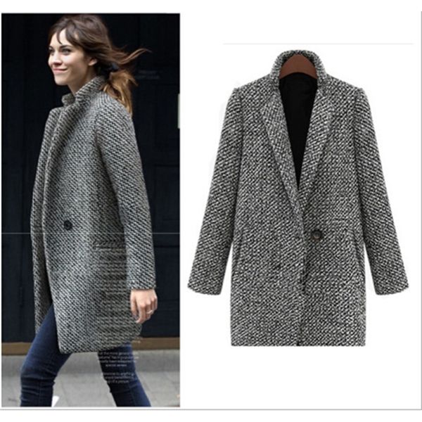 

new thick warm mid-length lapel large plaid long-sleeved woolen coat s-7xl plus size women's clothing y1126, Black