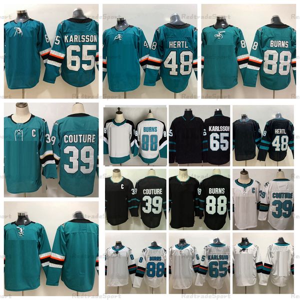 

2021 reverse retro mens 88 brent burns hockey jerseys 48 tomas hertl 39 logan couture (c) 65 erik karlsson jersey stitched shirts teal black, Black;red