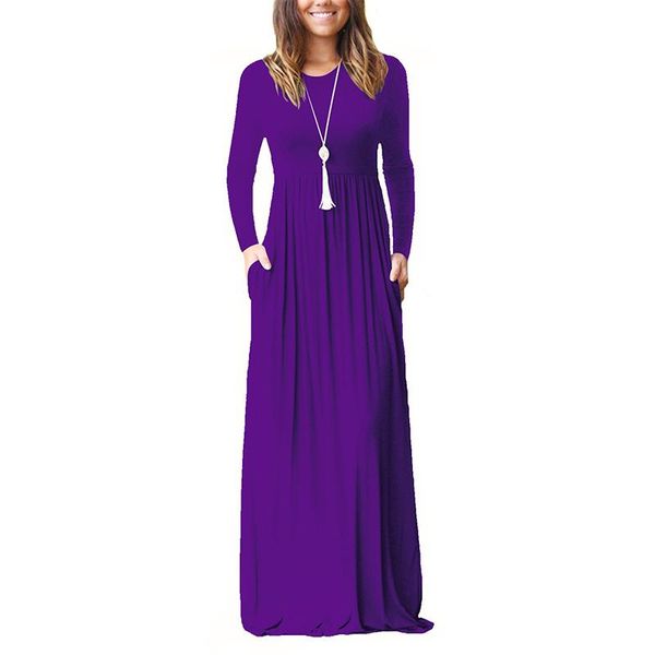 

casual women long party dress long sleeves solid o-neck floor-length dresses for women 2021 winter fashion pocket vestidos, Black;gray