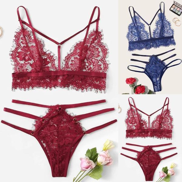 

underwear set nightwear 2pcs lingerie set women lace deep v lace bra panty g-string perspective babydoll bra set#w1, Black;red