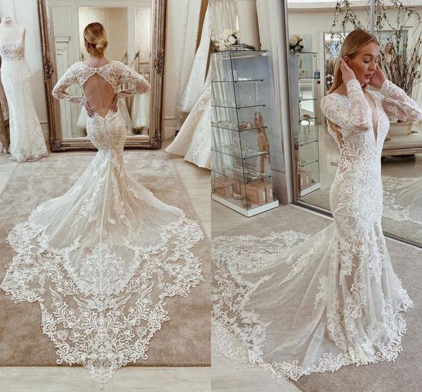 

2021 long sleeves wedding dresses mermaid lace applique deep v neck backless sweep train custom made chapel wedding gown vestido, White