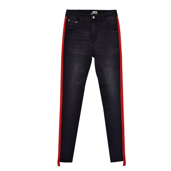 Moda Vermelho Listrado Cintura Alta Calças de Jeans Mulher Sexy Preto Estiramento Mãe Skinny Jeans Mulheres Streetwear Denim Pants Pants 201030