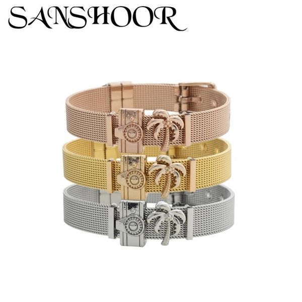 

dropshipping sanshoor jewelry stainless steel mesh bracelet set & bangle with diy slide charms for women men as fashion gift, Golden;silver