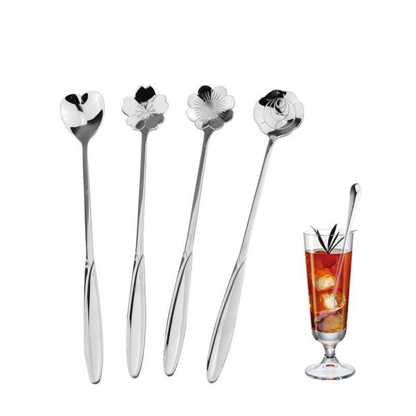 

4pcs / set long handle flowers shaped stirring spoons stainless steel flatware ice tea dessert spoon dinnerware kitchen accessories