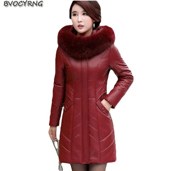 

fashion high-end middle-aged leather coat female thick down jacket hooded plus size slim 2020 winter women leather parka, Black
