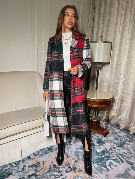 

tartan lapel neck single breasted overcoat 147m#, Black