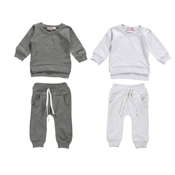 

2pcs baby clothes set autumn long sleeve sweatshirt for boys solid gray white long pants tracksuits for boys outfits newborn set y200803