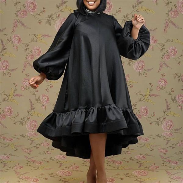 

casual dresses women black dress loose o neck long lantern sleeves ruffles patchwork african large plus size ladies female vestidos robes, Black;gray