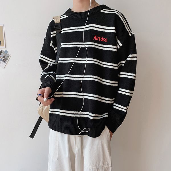 

2020 sweater neck male plus size retro chic all-match recreation harajuku causal couples men's clothes, White;black