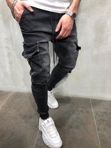

men's jeans style lace-up zipper multi-pocket pencil pants slim hip-hop black and blue jogger