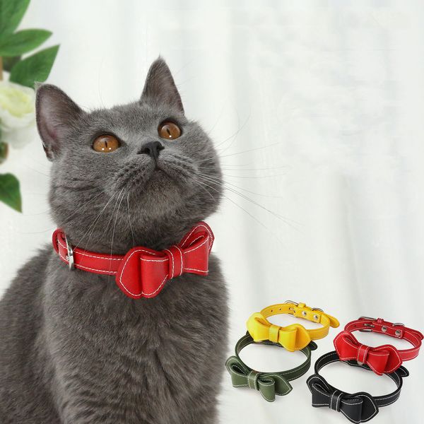 

2021 fashion bowknot pet collar soft pu leather dog cat collars pet supplies solid adjustable dog collars with bell