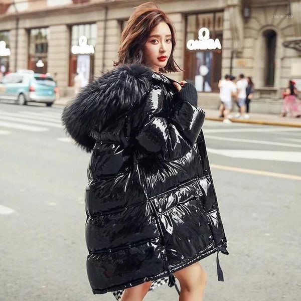 

winter white duck down jacket women large real raccoon fur collar hooded patent leather glossy long parka women down coats1, Black