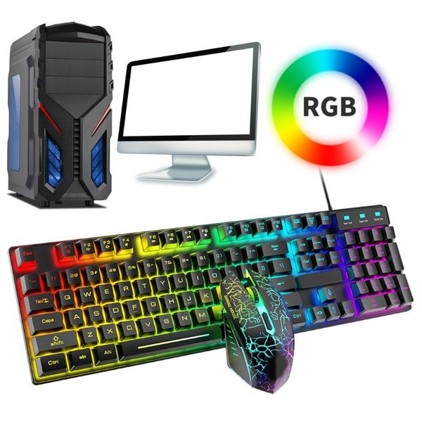 

t6 rainbow usb wired keyboard mouse pad combo rgb backlit pro gaming keypad for gamer pc lapcomputer