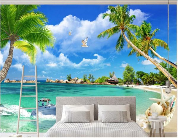 

custom murals 3d p wallpaper blue sky and white clouds beach sea view coconut tree natural scenery wallpaper for walls 3 d on the wall