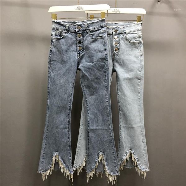 

women's jeans version of high waist net red women show thin stretch heavy industry nail bead trumpet nine minute pants1, Blue