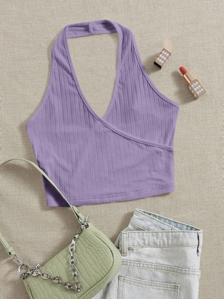 

open back rib-knit halter v1gj#, White