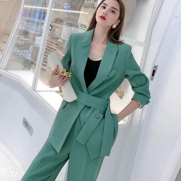 

junerain autumn winter women lace up pants suit vintage notched blazer jacket & pant 2 pieces office wear suits female sets, White